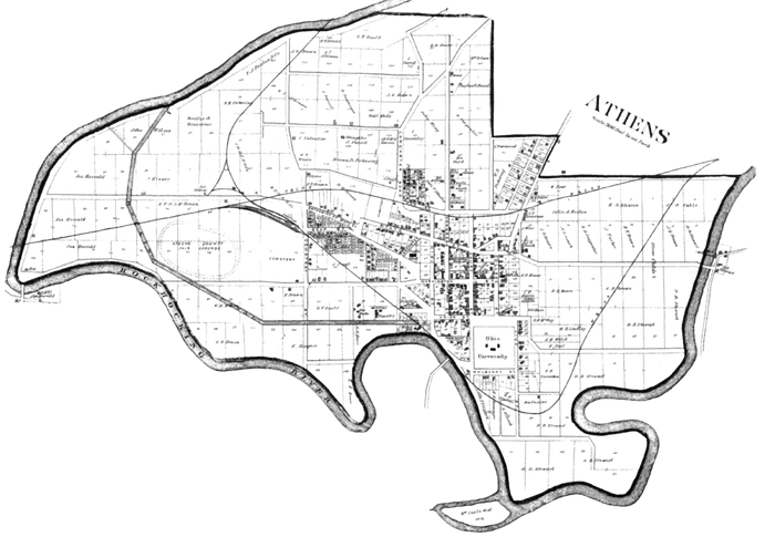 Old map of Athens, Ohio and the Hocking River